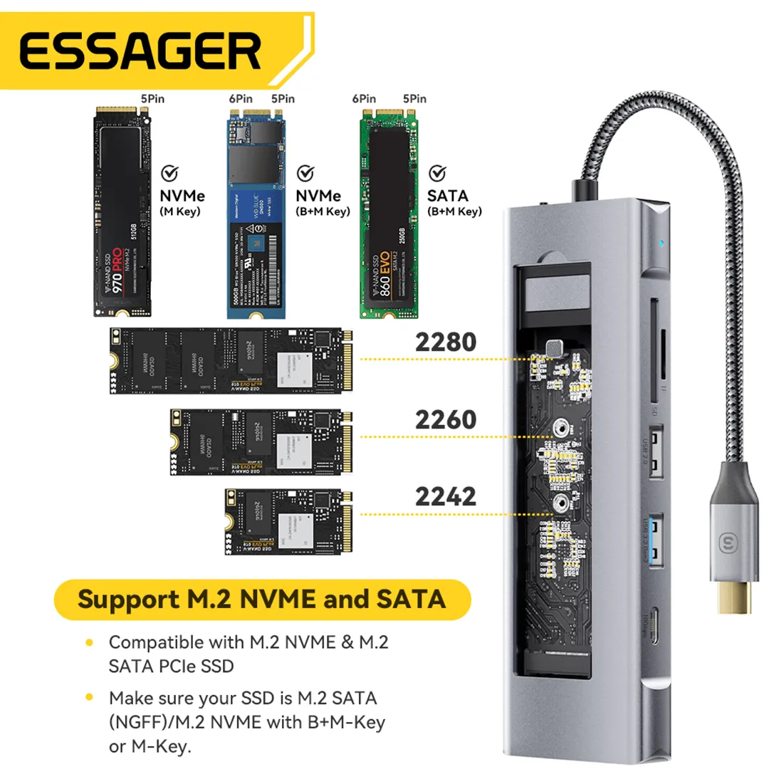 Essager 8-in-1 USB-C Hub with M.2 NVMe SSD Enclosure