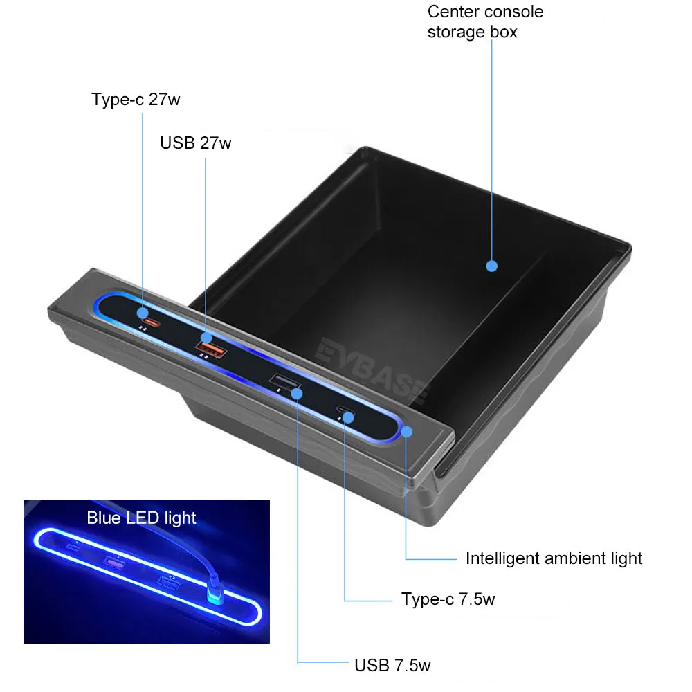 EVBASE Tesla Model 3 Y USB Hub Docking Station Charger With Center Console Storage Box Organizer LED Light Hub Adapter