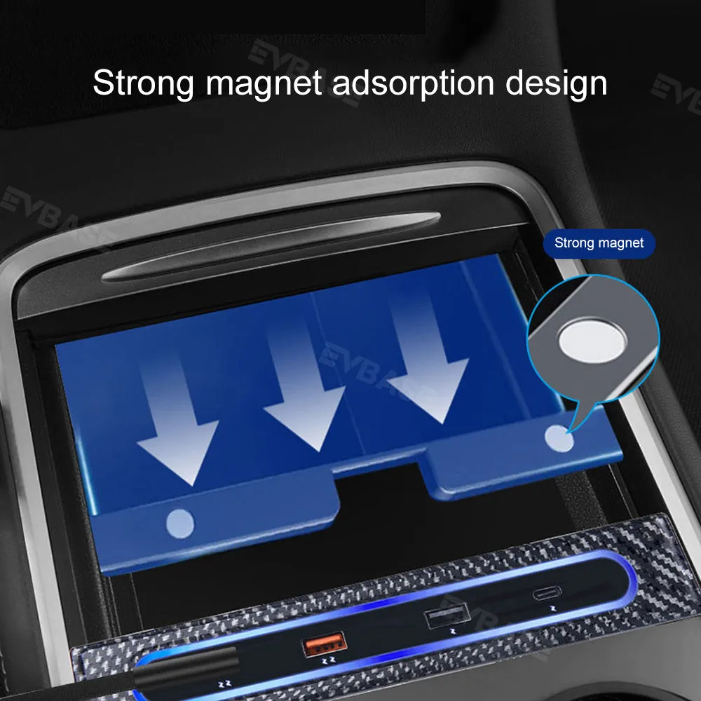 EVBASE Tesla Model 3 Y USB Hub Docking Station Charger With Center Console Storage Box Organizer LED Light Hub Adapter