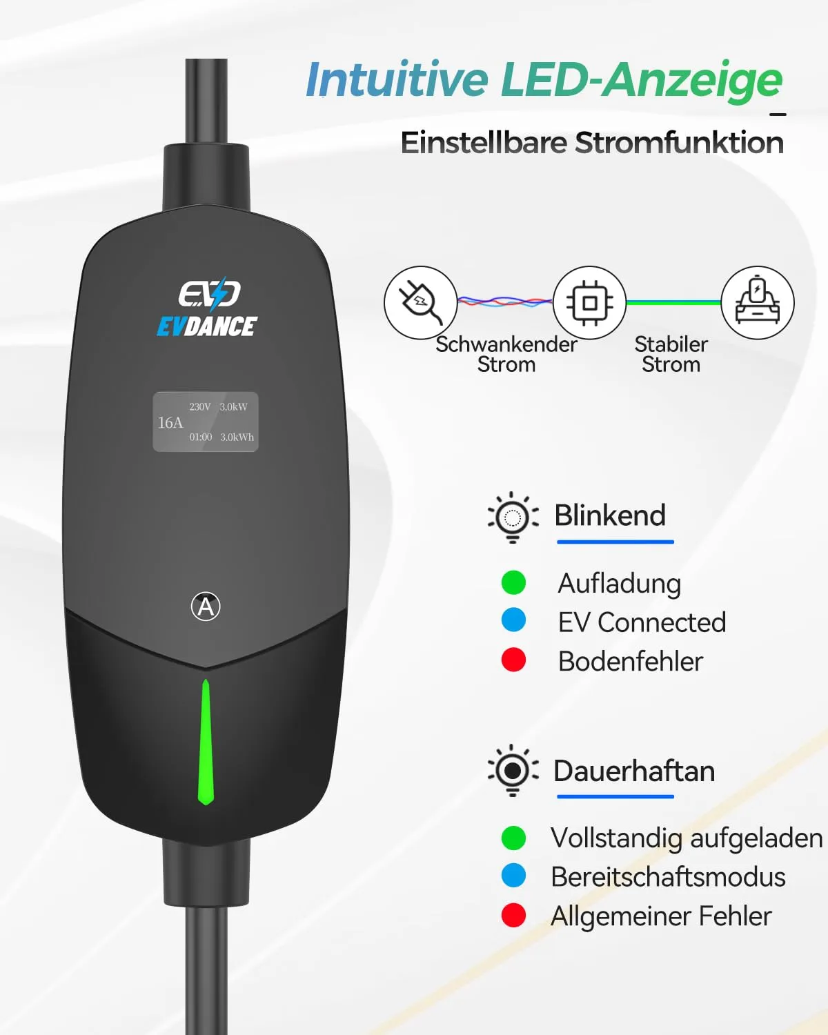 EVDANCE Portable Type2 16A 230V  EV charger Adjustable with 1.3 OLED screen