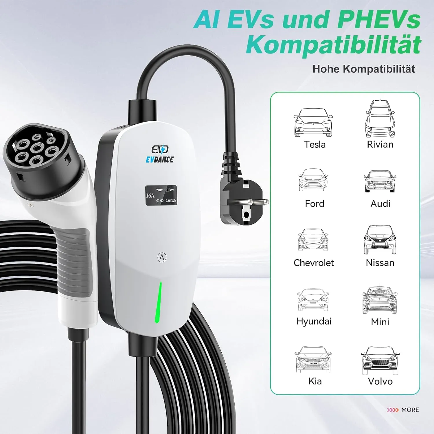 EVDANCE Portable Type2 16A 230V  EV charger Adjustable with 1.3 OLED screen