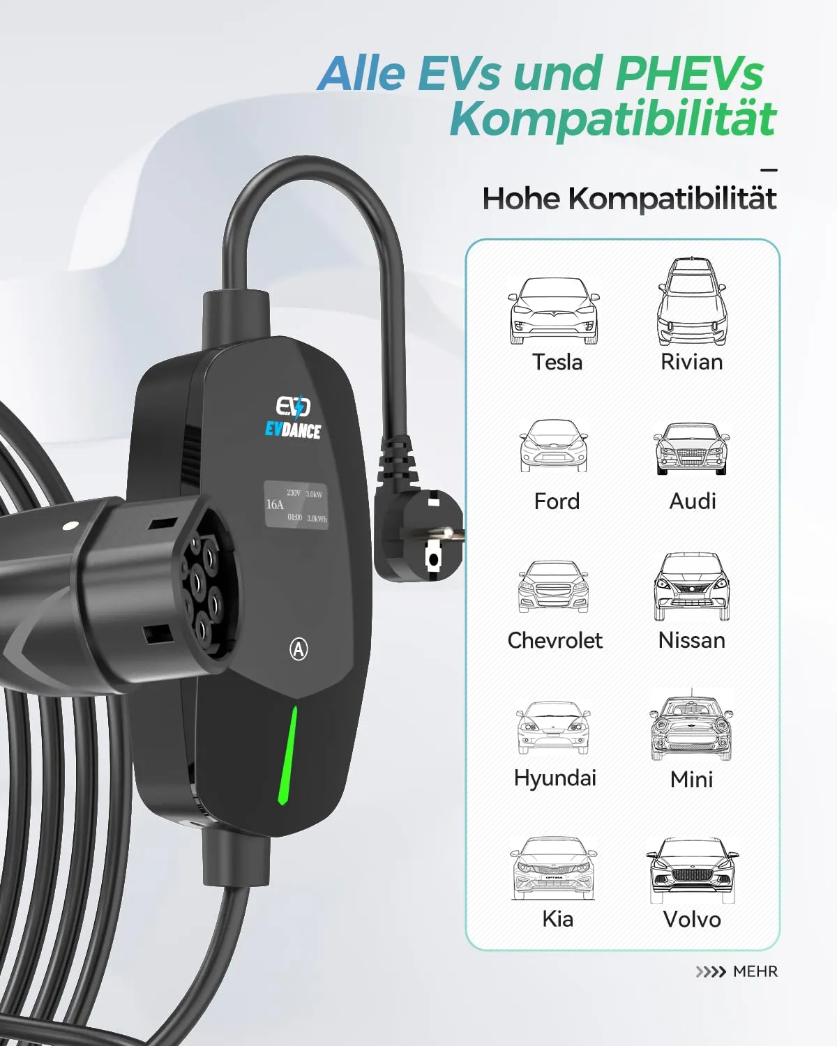 EVDANCE Portable Type2 16A 230V  EV charger Adjustable with 1.3 OLED screen