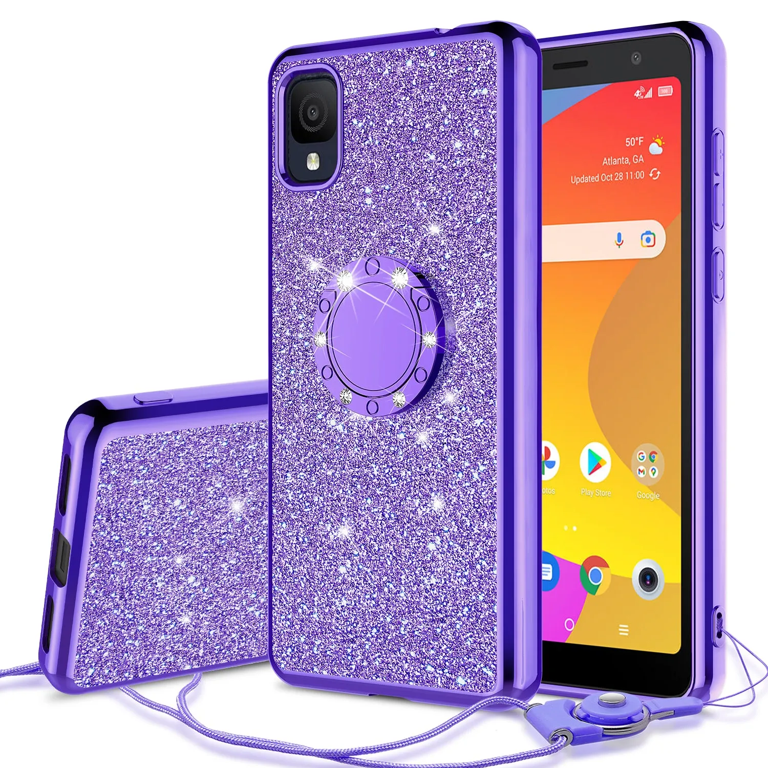 For TCL Ion Z Case, Glitter Cute Phone Case Girls with Kickstand,Bling Diamond Rhinestone Bumper Ring Stand Sparkly Luxury Clear Thin Soft Protective TCL Ion Z Case for Girl Women - Purple