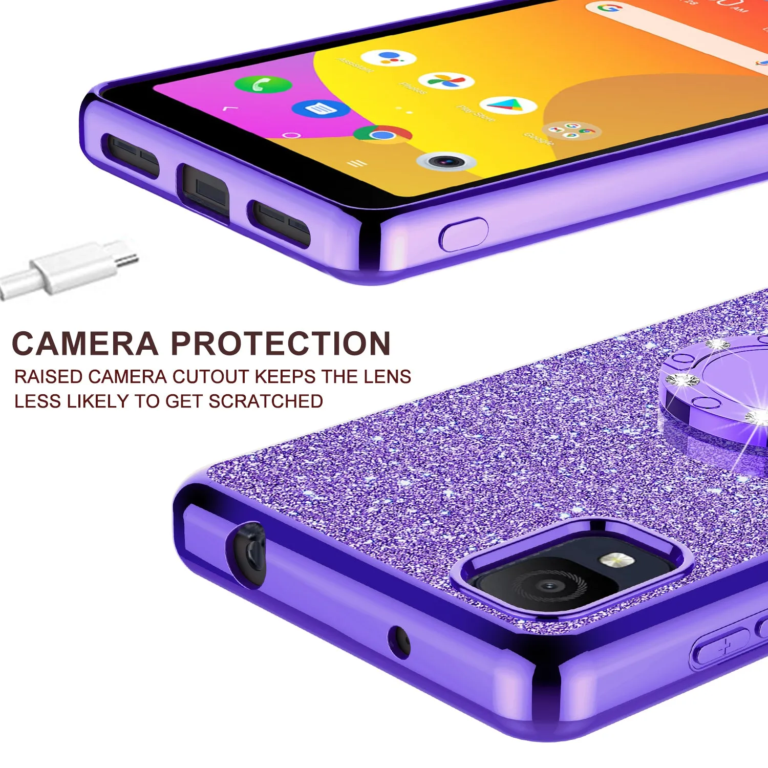 For TCL Ion Z Case, Glitter Cute Phone Case Girls with Kickstand,Bling Diamond Rhinestone Bumper Ring Stand Sparkly Luxury Clear Thin Soft Protective TCL Ion Z Case for Girl Women - Purple