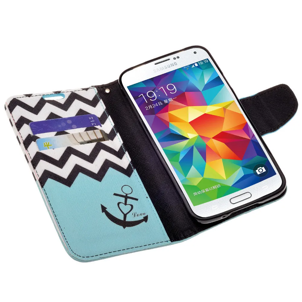 Galaxy S5 Case, Wrist Strap Pu Leather Magnetic Fold[Kickstand] Wallet Case with ID & Card Slots for Samsung Galaxy S5 - Teal Anchor