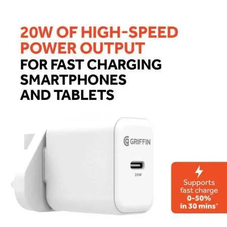 Griffin 20W Powerblock USC C PD UK Mains Charger White - GP-205-WHT-UK