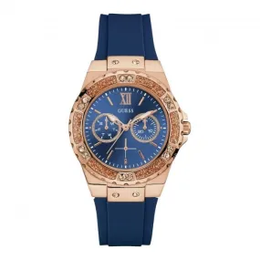 Guess Ladies Rose Gold Watch Crystals Blue Dial Blue Silicone Strap W1053L1