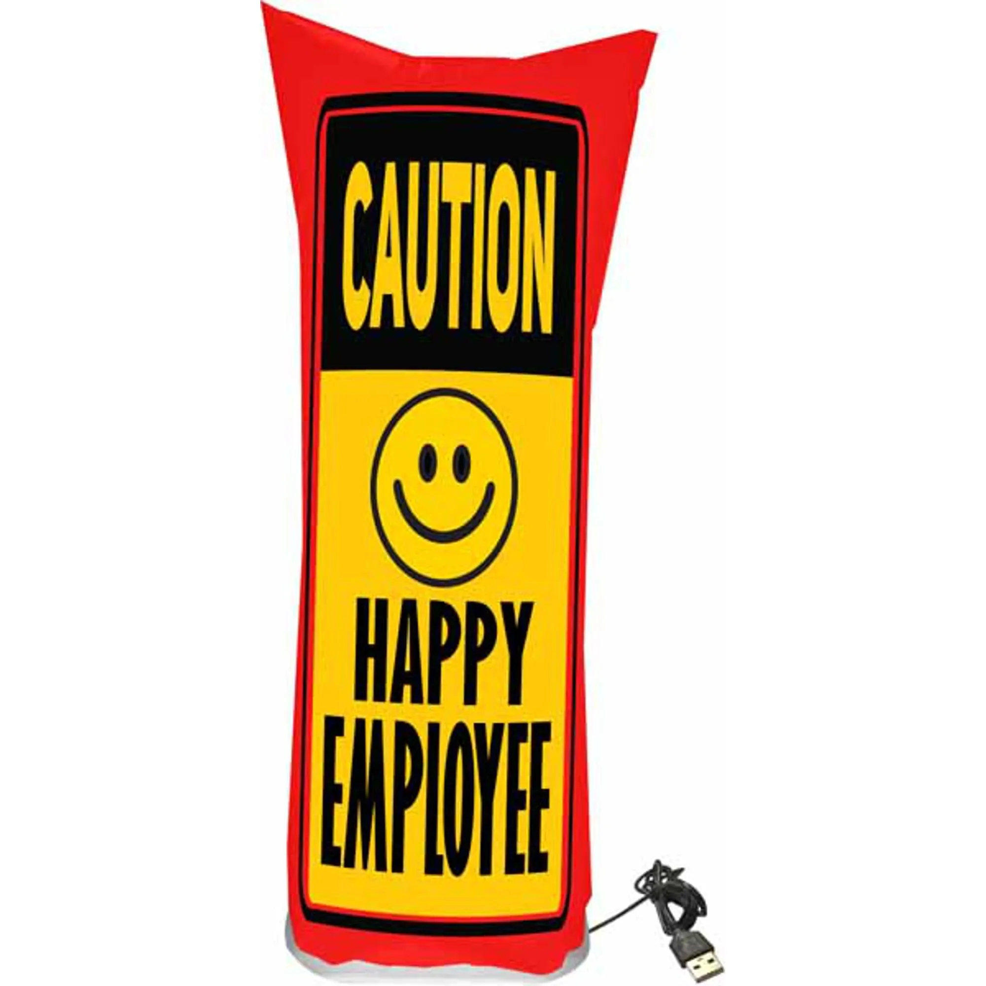 Happy Employee Usb With Caution Sign.