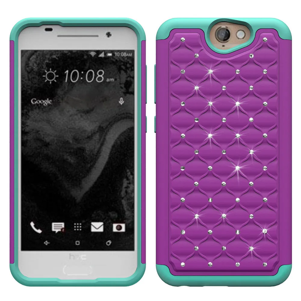 HTC One A9 Rhinestone Case , Slim Hybrid Dual Layer[Shock Resistant] Crystal Rhinestone Studded Case Cover - Purple/Teal