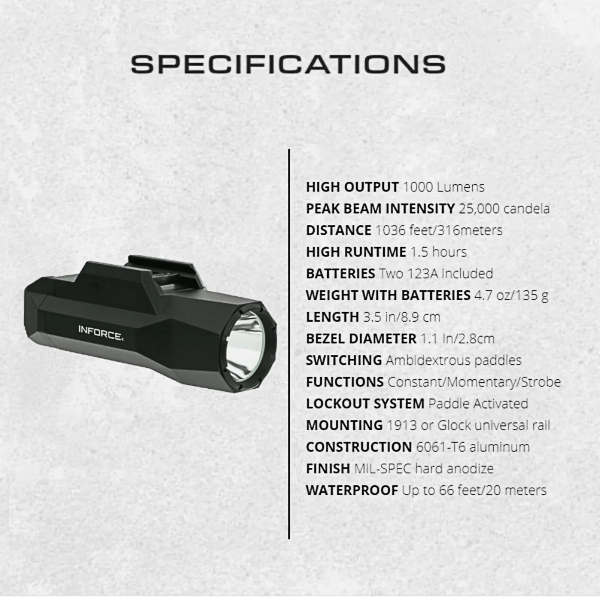 Inforce WILD2 Pistol Mounted Light, White Light, 1000 Lumens, WLD2-05-1