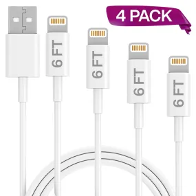 Iric Stable Transmission and High Durable MFI Certified Aple USB to lightning Charging Cable 6 Ft., 4 Pack Set (White)