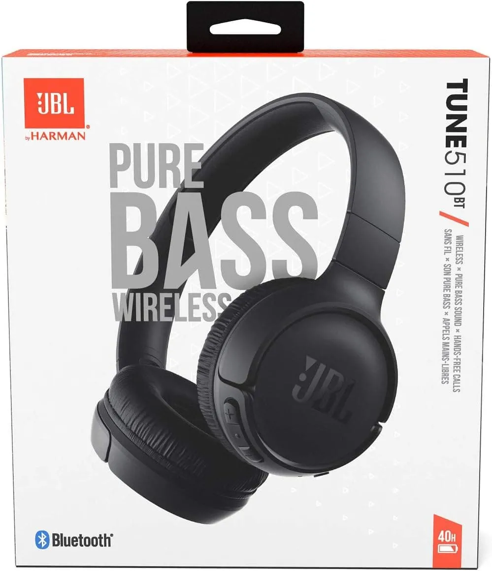 JBL Tune510BT Wireless On-Ear Headphones, Bluetooth 5.0, Up to 40 Hours Battery Life, Speed Charge - Black