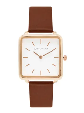 Joker & Witch Emily Square White Dial Rosegold & Brown Strap Watch for Women