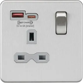 Knightsbridge Screwless 13A 1 Gang Switched Socket Dual USB A C Brushed Chrome Grey Insert