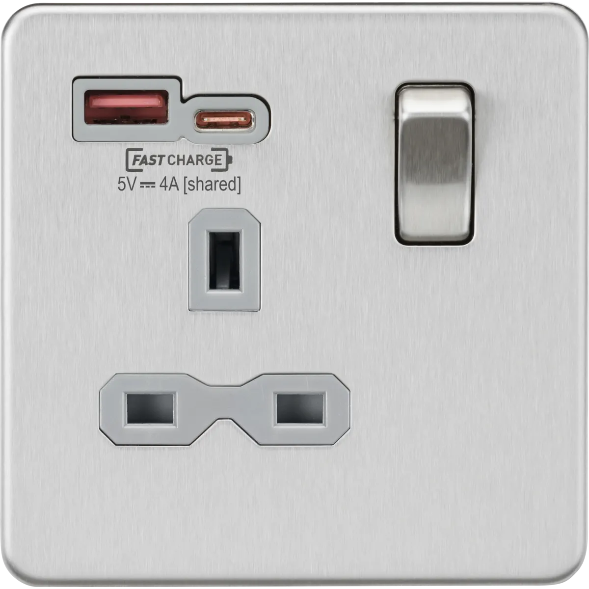 Knightsbridge Screwless 13A 1 Gang Switched Socket Dual USB A C Brushed Chrome Grey Insert