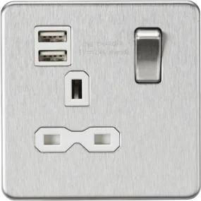 Knightsbridge Screwless 13A 1 Gang Switched Socket Dual USB Brushed Chrome White Insert