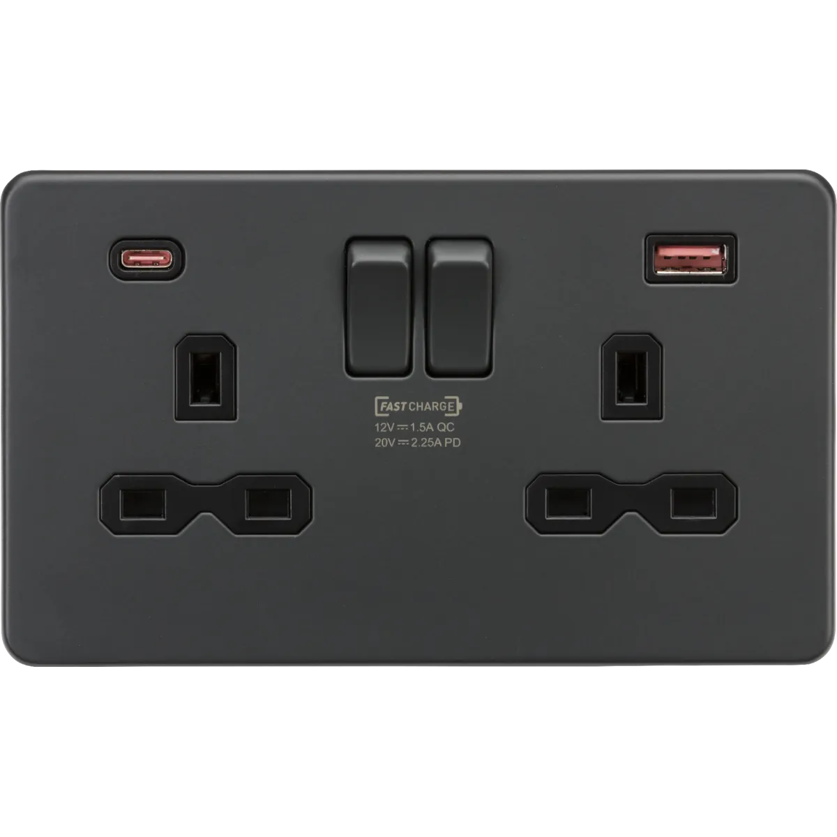 Knightsbridge Screwless 13A 2 Gang Switched Socket Dual USB A C 45W Anthracite