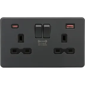 Knightsbridge Screwless 13A 2 Gang Switched Socket Dual USB A C 45W Anthracite