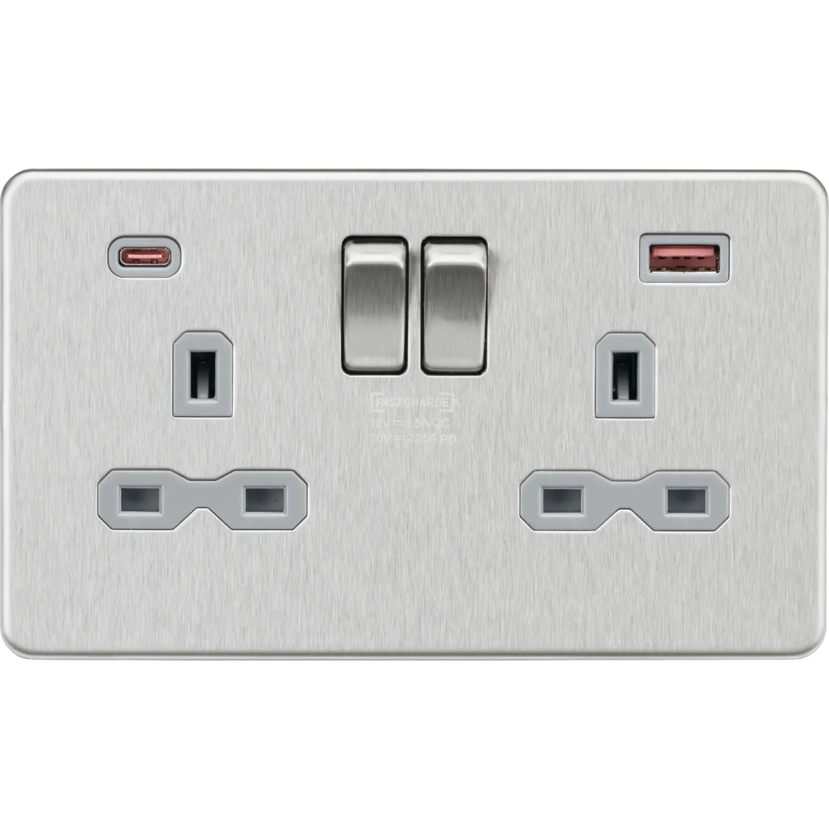 Knightsbridge Screwless 13A 2 Gang Switched Socket Dual USB A C 45W Brushed Chrome Grey Insert