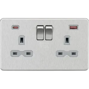 Knightsbridge Screwless 13A 2 Gang Switched Socket Dual USB A C 45W Brushed Chrome Grey Insert