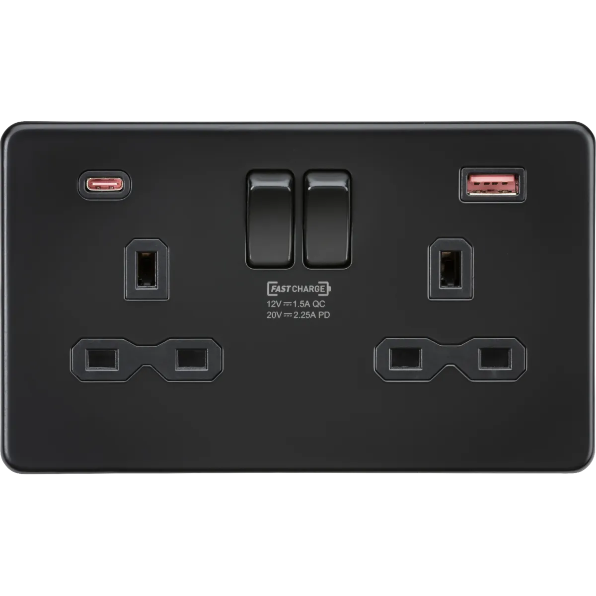 Knightsbridge Screwless 13A 2 Gang Switched Socket Dual USB A C 45W Matt Black