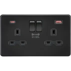 Knightsbridge Screwless 13A 2 Gang Switched Socket Dual USB A C 45W Matt Black