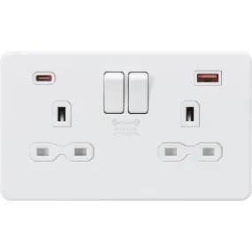 Knightsbridge Screwless 13A 2 Gang Switched Socket Dual USB A C 45W Matt White