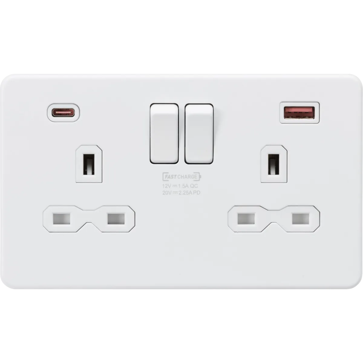 Knightsbridge Screwless 13A 2 Gang Switched Socket Dual USB A C 45W Matt White