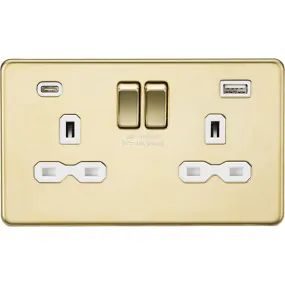 Knightsbridge Screwless 13A 2 Gang Switched Socket Dual USB A C Polished Brass with White Insert