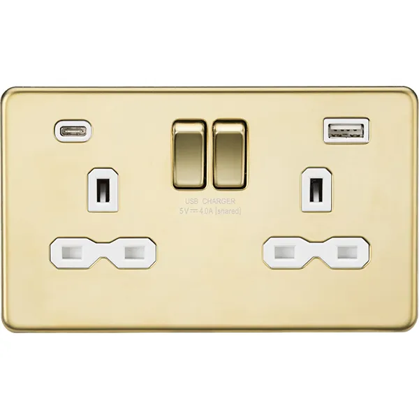 Knightsbridge Screwless 13A 2 Gang Switched Socket Dual USB A C Polished Brass with White Insert