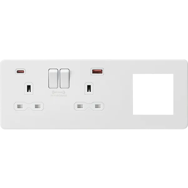 Knightsbridge Screwless 13A 2 Gang Switched Socket Matt White With USB A C   2 Euromodule