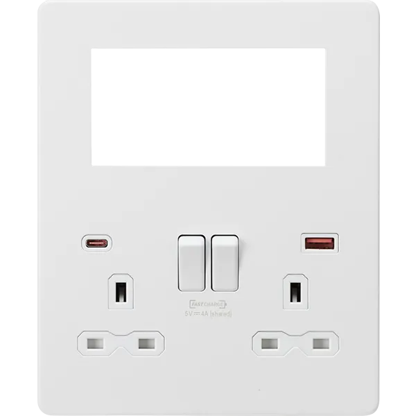 Knightsbridge Screwless 13A 2 Gang Switched Socket Matt White With USB A C   4 Euromodule