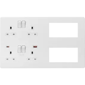 Knightsbridge Screwless Combination Plate Matt White With 4 Sockets USB and 8 Euromodules