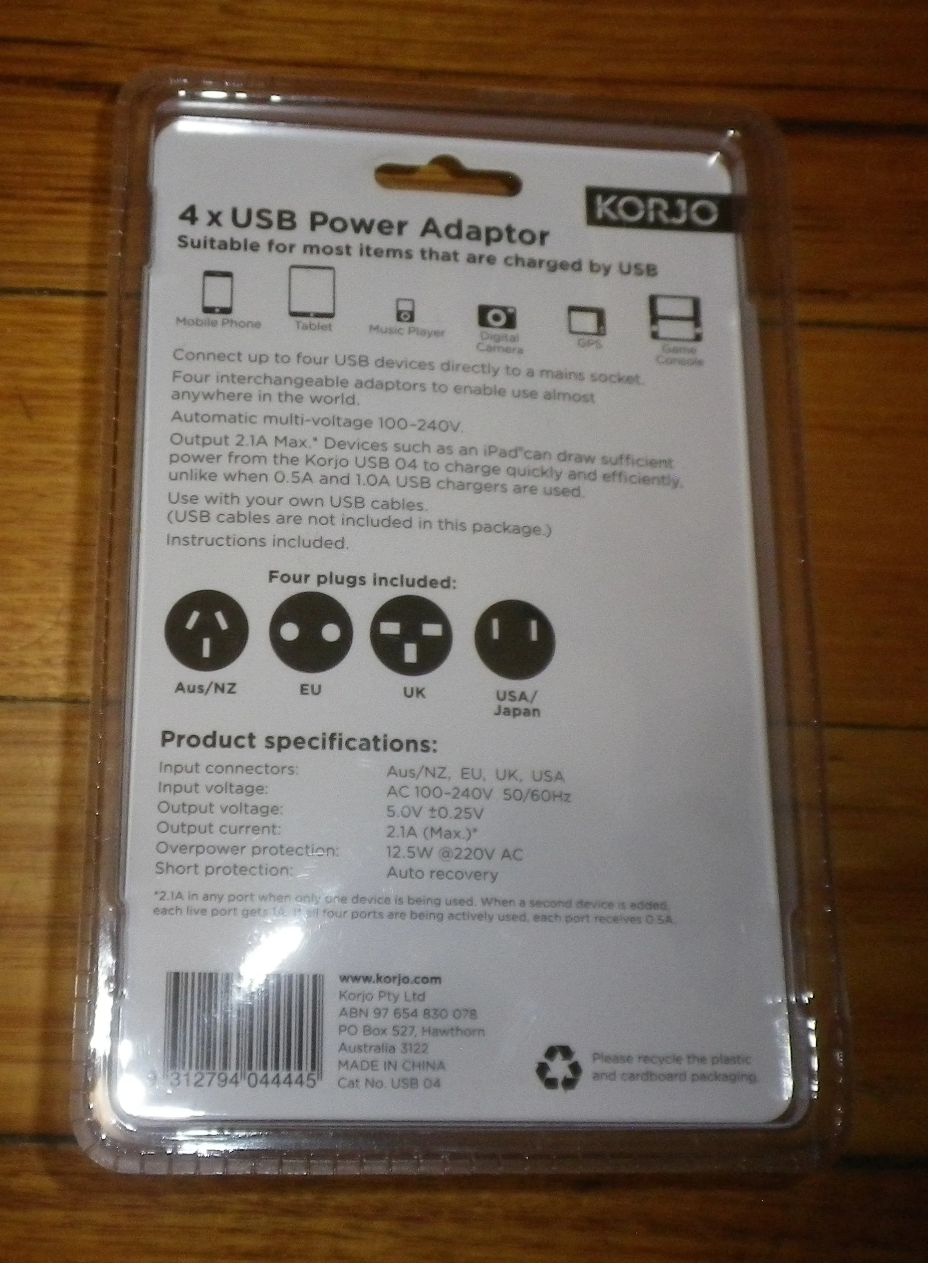 Korjo 4 Port International USB Adaptor / Charger Kit - Part # USB04