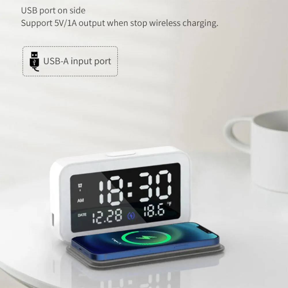 LED Digital Alarm Clock and Wireless Phone Charger- USB Powered