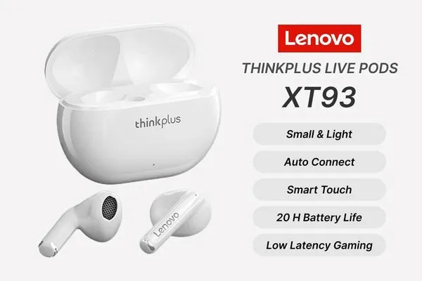 Lenovo Bluetooth 5.2 Headphones Wireless Earphones, Touch Control with Dual, White