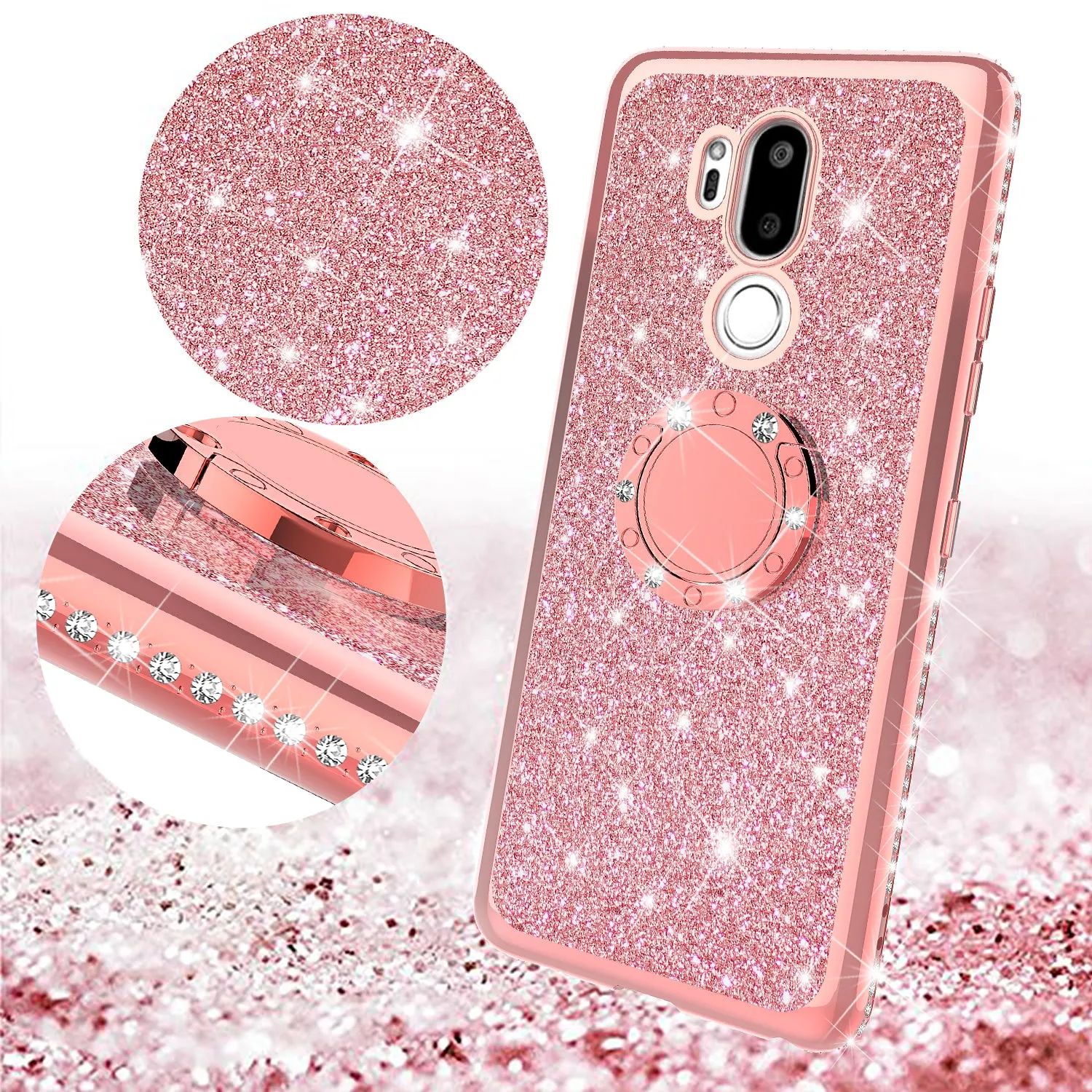 LG G7 ThinQ Case, Glitter Cute Phone Case Girls with Kickstand,Bling Diamond Rhinestone Bumper Ring Stand Sparkly Luxury Clear Thin Soft Protective LG G7 ThinQ Case for Girl Women - Rose Gold