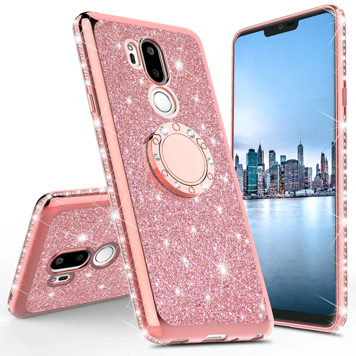 LG G7 ThinQ Case, Glitter Cute Phone Case Girls with Kickstand,Bling Diamond Rhinestone Bumper Ring Stand Sparkly Luxury Clear Thin Soft Protective LG G7 ThinQ Case for Girl Women - Rose Gold