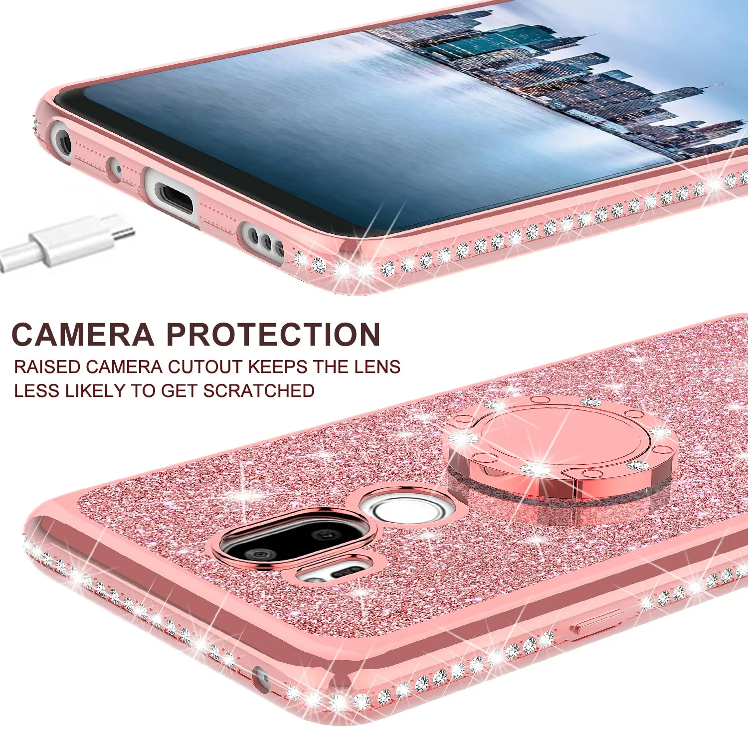 LG G7 ThinQ Case, Glitter Cute Phone Case Girls with Kickstand,Bling Diamond Rhinestone Bumper Ring Stand Sparkly Luxury Clear Thin Soft Protective LG G7 ThinQ Case for Girl Women - Rose Gold