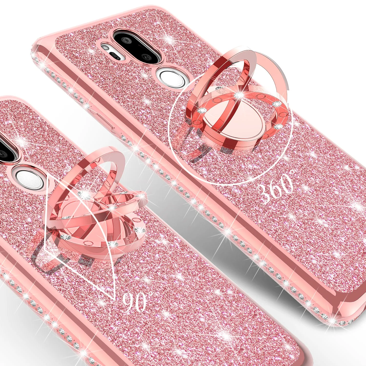 LG G7 ThinQ Case, Glitter Cute Phone Case Girls with Kickstand,Bling Diamond Rhinestone Bumper Ring Stand Sparkly Luxury Clear Thin Soft Protective LG G7 ThinQ Case for Girl Women - Rose Gold