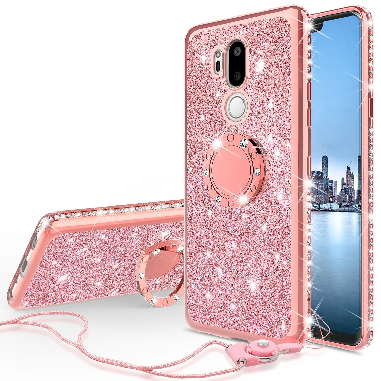 LG G7 ThinQ Case, Glitter Cute Phone Case Girls with Kickstand,Bling Diamond Rhinestone Bumper Ring Stand Sparkly Luxury Clear Thin Soft Protective LG G7 ThinQ Case for Girl Women - Rose Gold