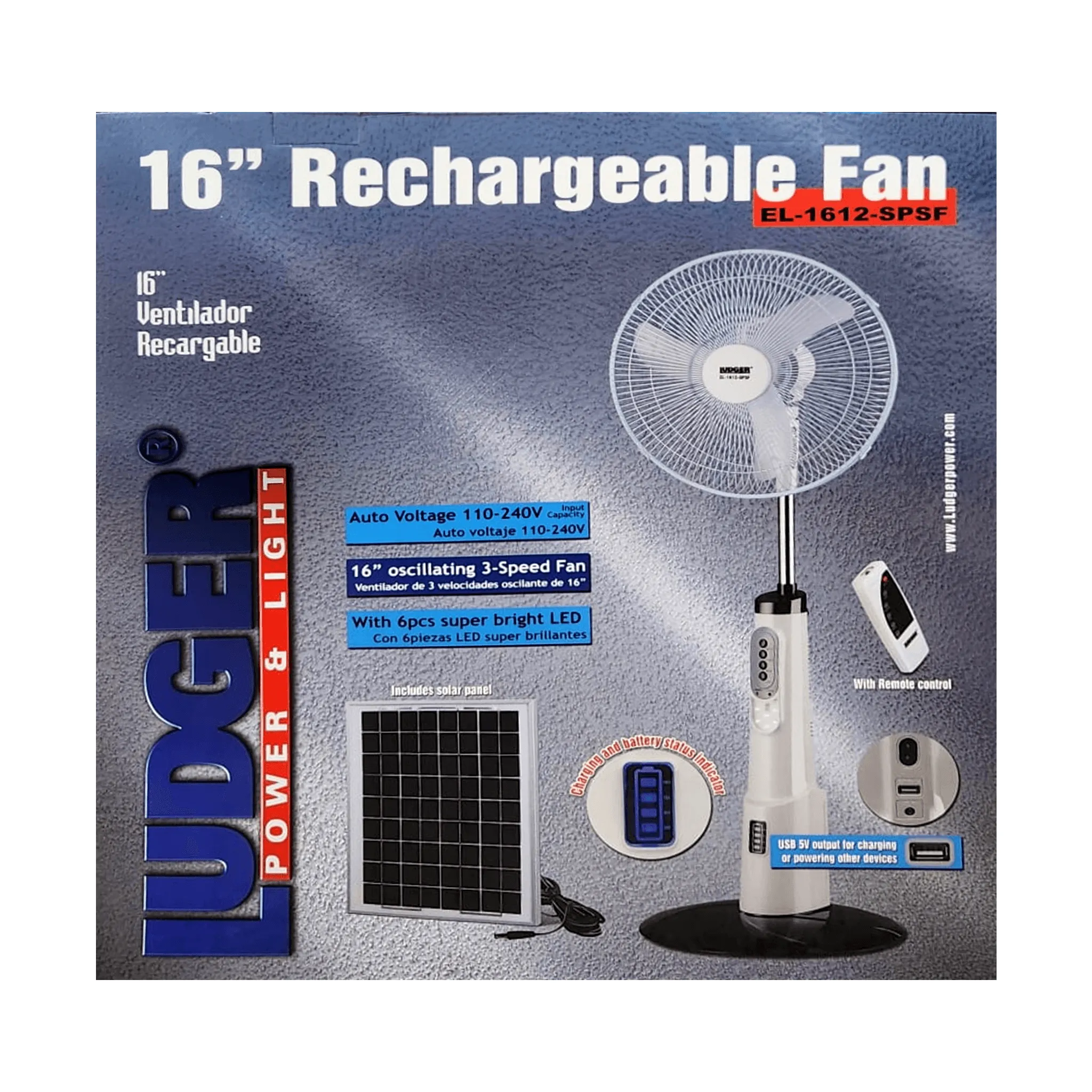 Ludger 16" Rechargeable Fan, Solar Panel and Remote Control