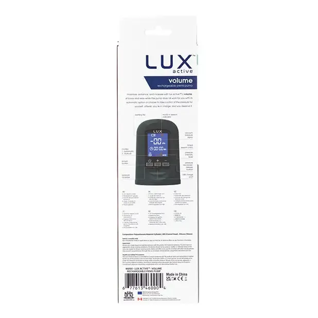 Lux Active Volume Rechargeable Penis Pump - Black