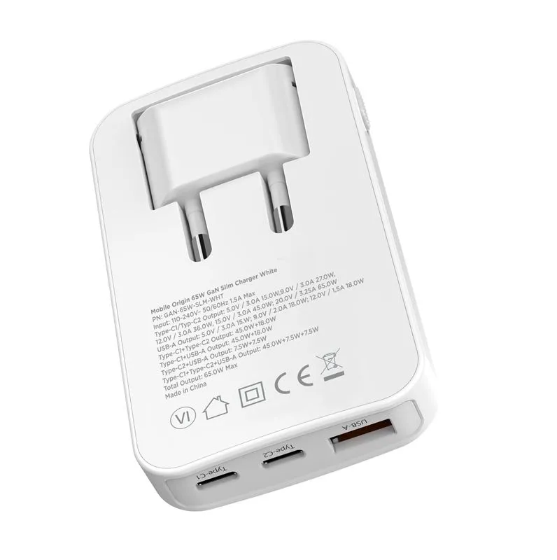 Mobile Origin Slim Charger 65W 2x USB-C 1x USB-A - Hvid