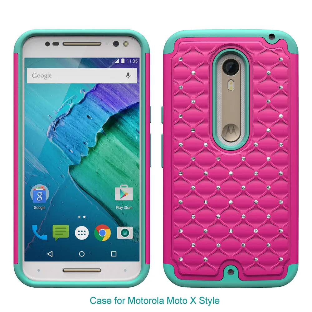 Motorola Moto X Style Rhinestone Case , Slim Hybrid Dual Layer[Shock Resistant] Crystal Rhinestone Studded Case Cover - Hot Pink/Teal