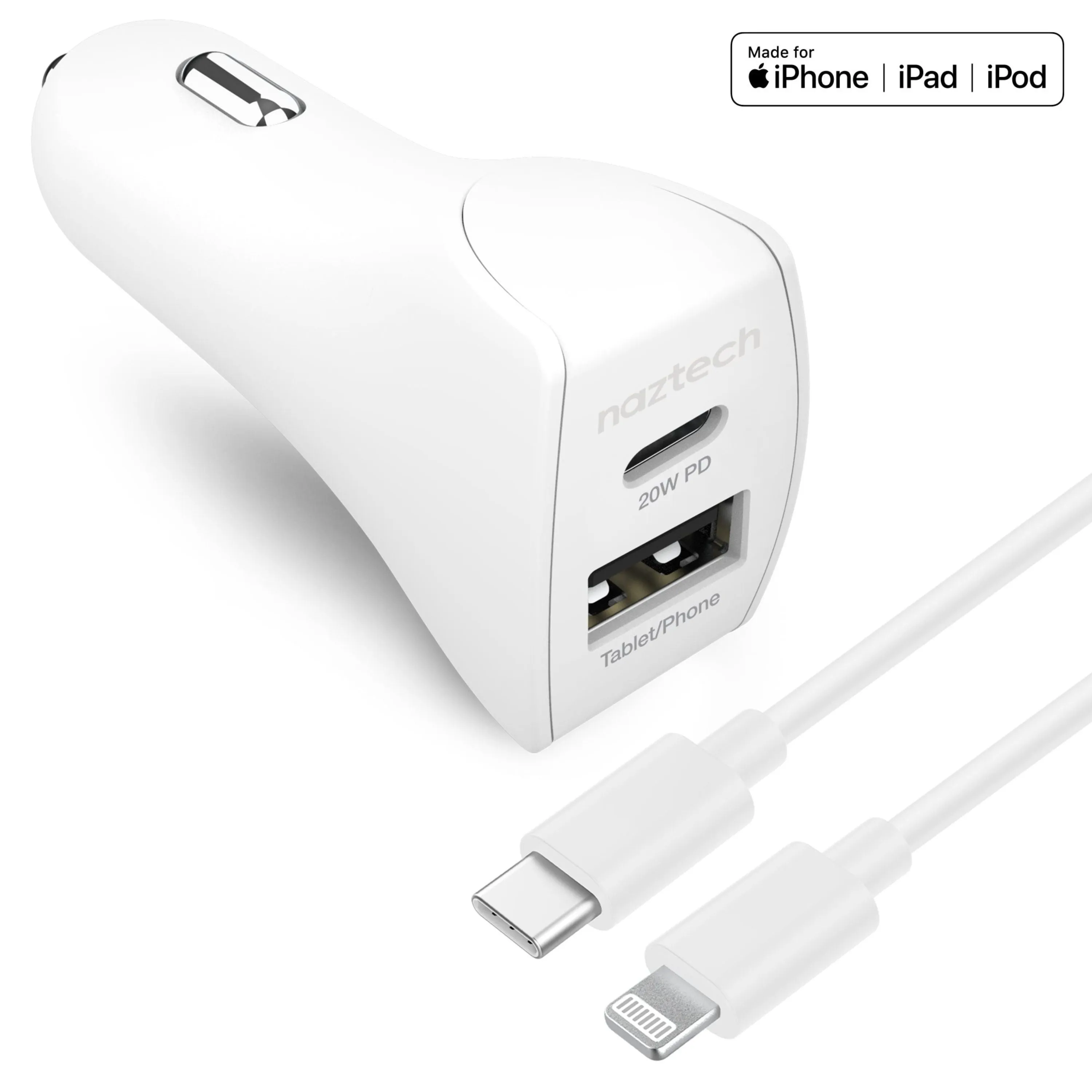 Naztech 20W USB-C PD 12W USB Car Charger White