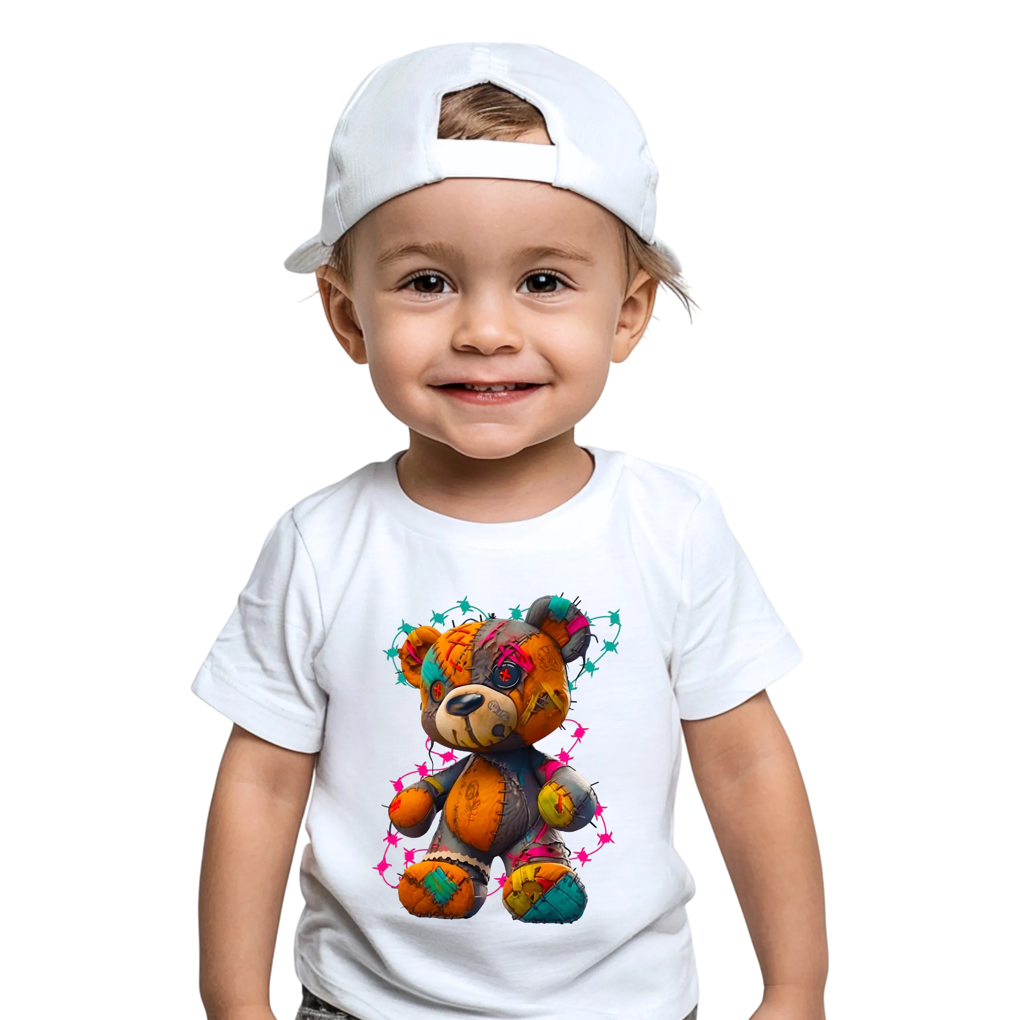 NicholesGifts Toddler Boys Orange Multicolored Teddy Bear Crewneck Short Sleeve T-Shirt