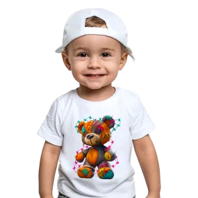 NicholesGifts Toddler Boys Orange Multicolored Teddy Bear Crewneck Short Sleeve T-Shirt