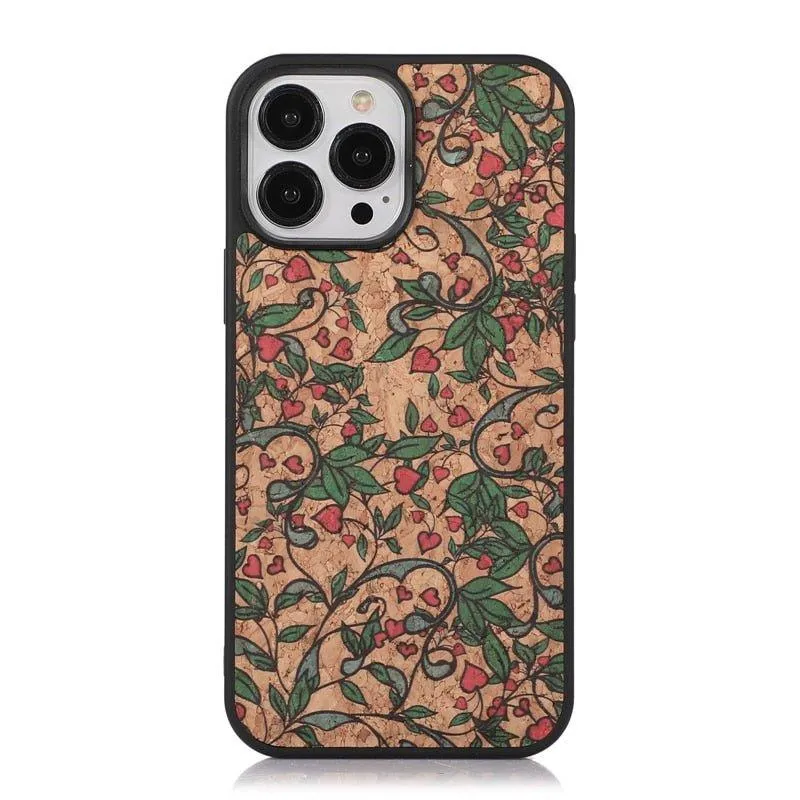 Nobilis Floral Pattern Breathable Cork Wood iPhone Case with Soft Shockproof Silicone Bumper