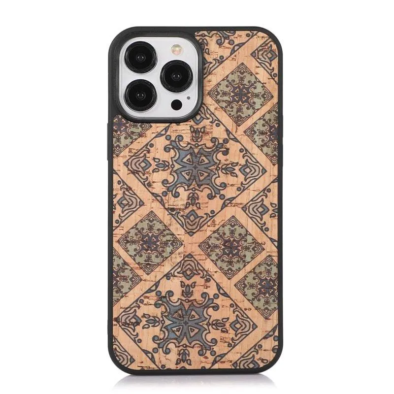 Nobilis Floral Pattern Breathable Cork Wood iPhone Case with Soft Shockproof Silicone Bumper